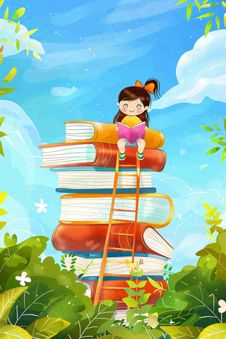 坐着书本课本堆砌上学习的学生孩子创意世界读书日卡通插画背景