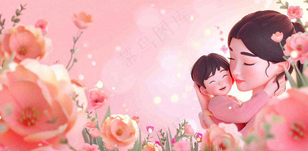 母亲节妈妈亲情抱着孩子鲜花光辉插画背景