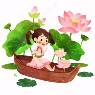 夏天池塘荷花荷叶划船的小女孩卡通插画免抠