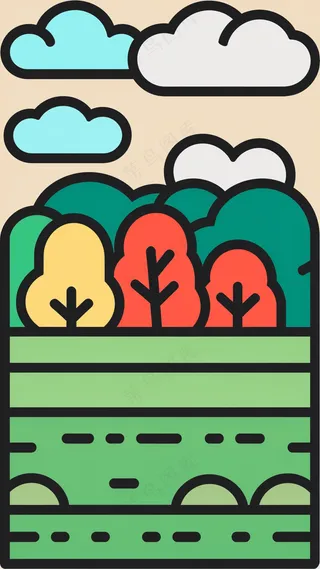 郊外田野树林 抽象粗线条简笔风景画