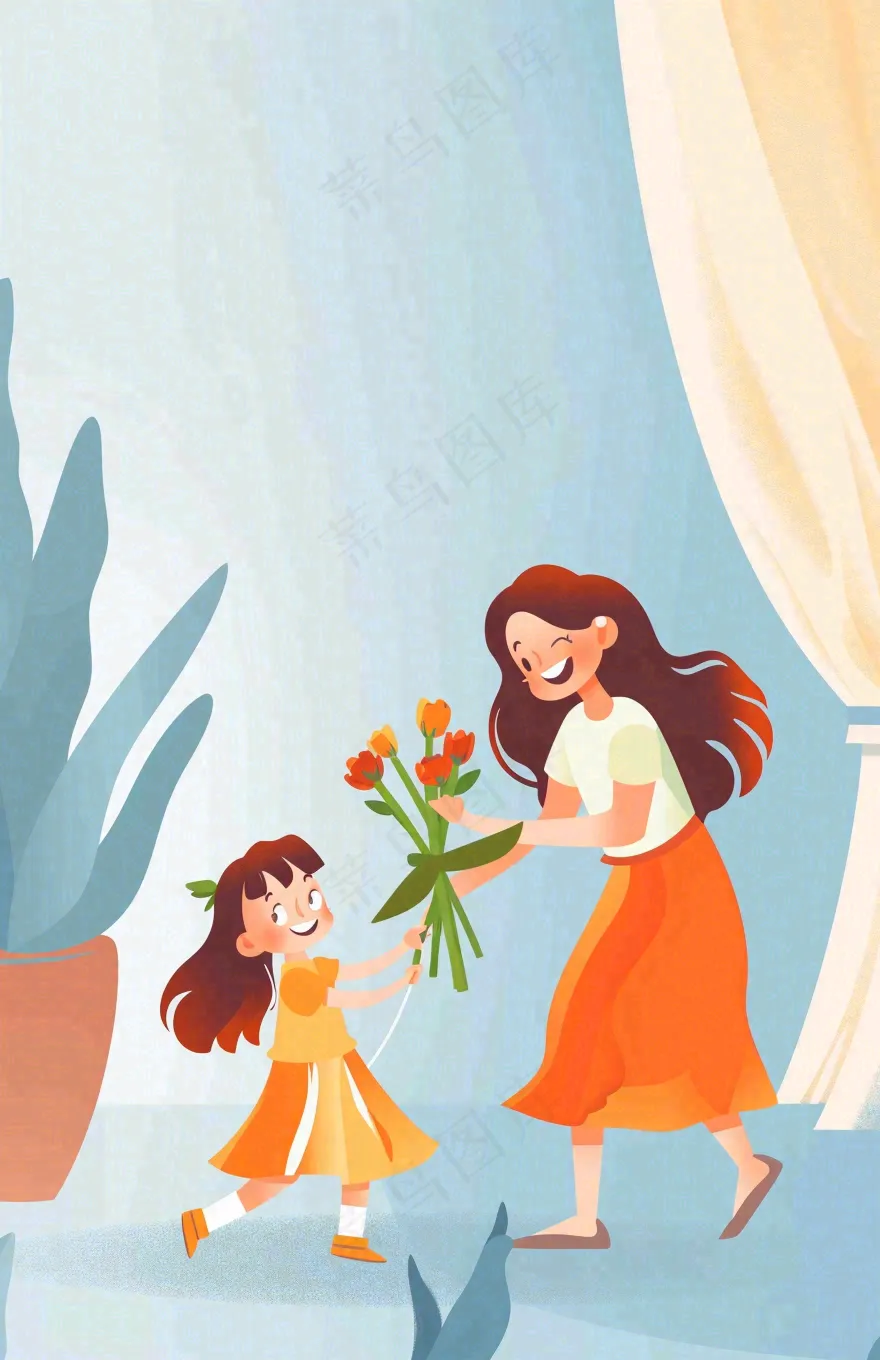 母亲节给妈妈送花的孩子亲情温馨插画背景