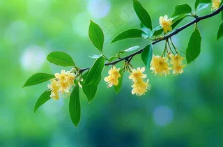 树枝上的小黄花植物摄影图