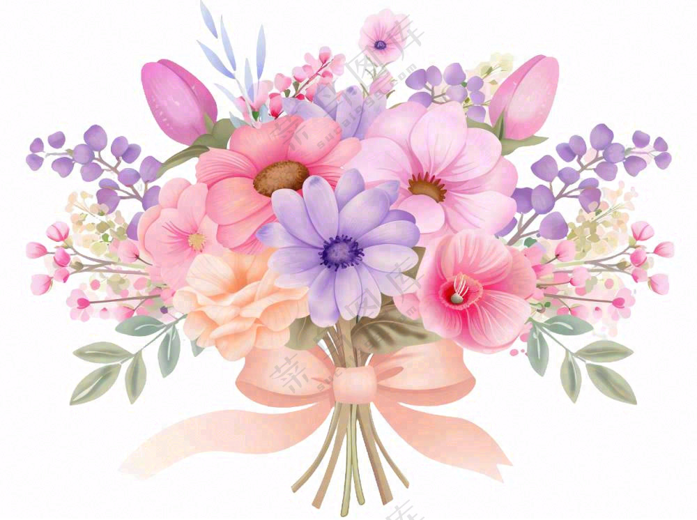 鲜花花束粉紫色浪漫插画免抠