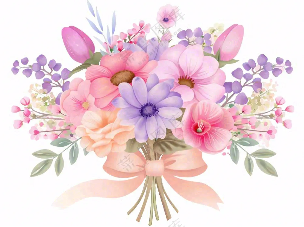 鲜花花束粉紫色浪漫插画免抠