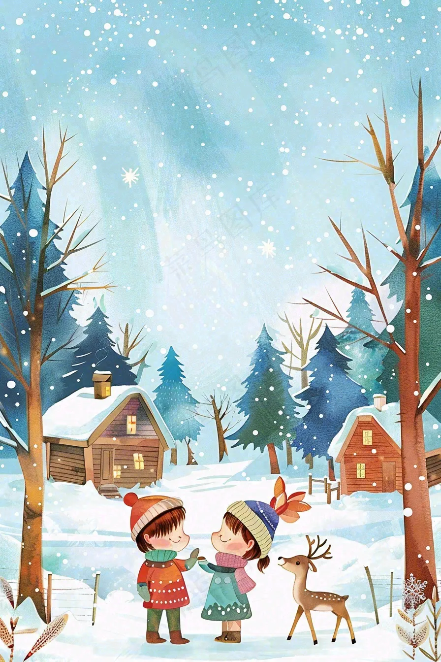 冬天白雪覆盖寒冷唯美雪景小寒插画背景