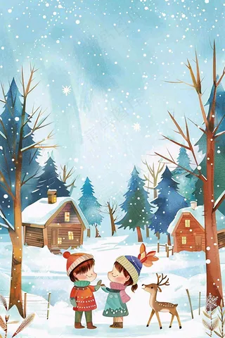 冬天白雪覆盖寒冷唯美雪景小寒插画背景