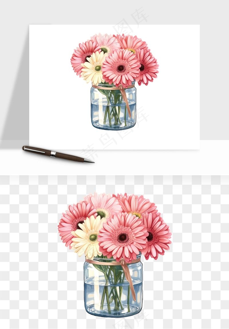 手绘花瓶花艺png免抠