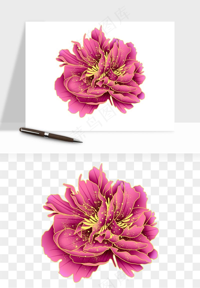 手绘国潮牡丹花花卉图案png免抠