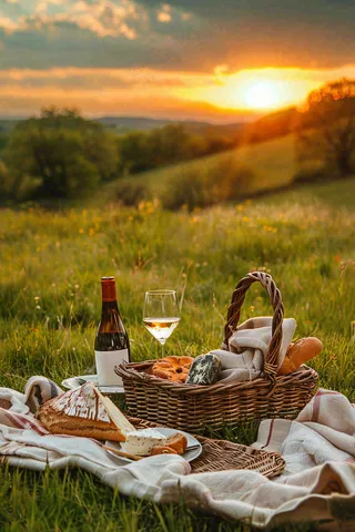 下午茶草坪野餐红酒夕阳浪漫春分唯美摄影图