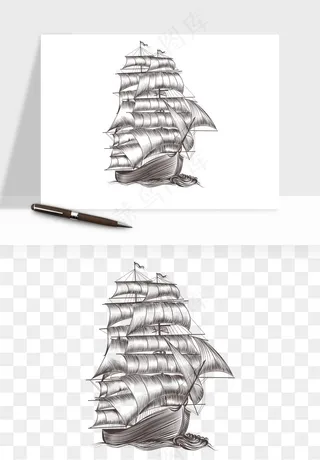 手绘航行帆船png免抠