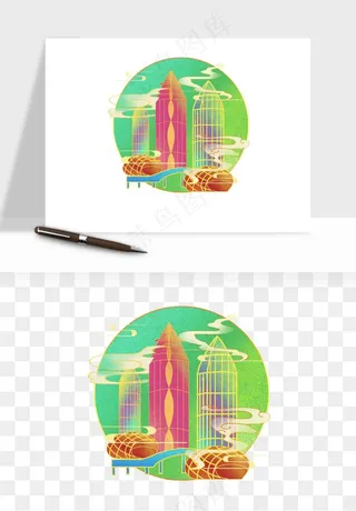 国潮城市地标山水建筑png免抠