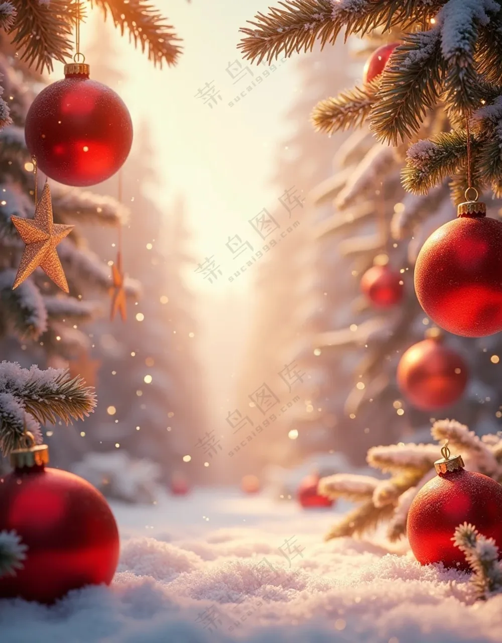 冬季雪地雪松红色圣诞球摄影图片