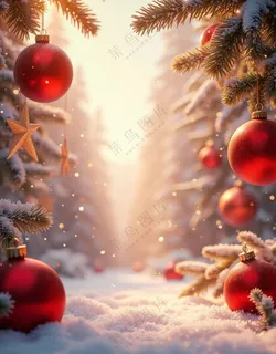 冬季雪地雪松红色圣诞球摄影图片