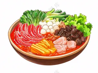 麻辣烫火锅海鲜肉类时蔬插画免抠