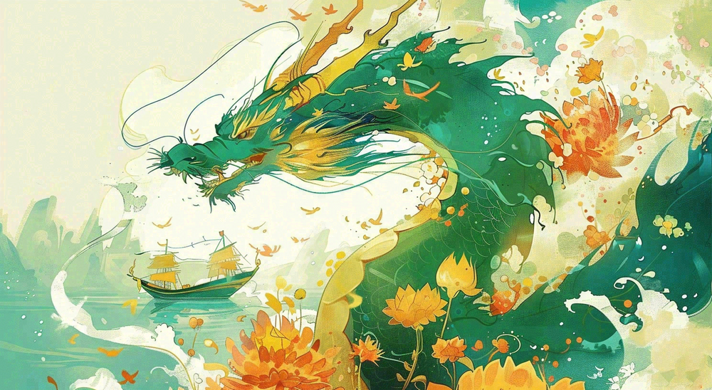 中国龙龙舟绿色创意插画端午节背景