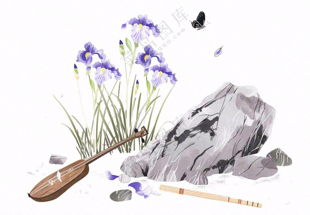 水渠石头旁紫色兰花生长蝴蝶水墨画插画免抠