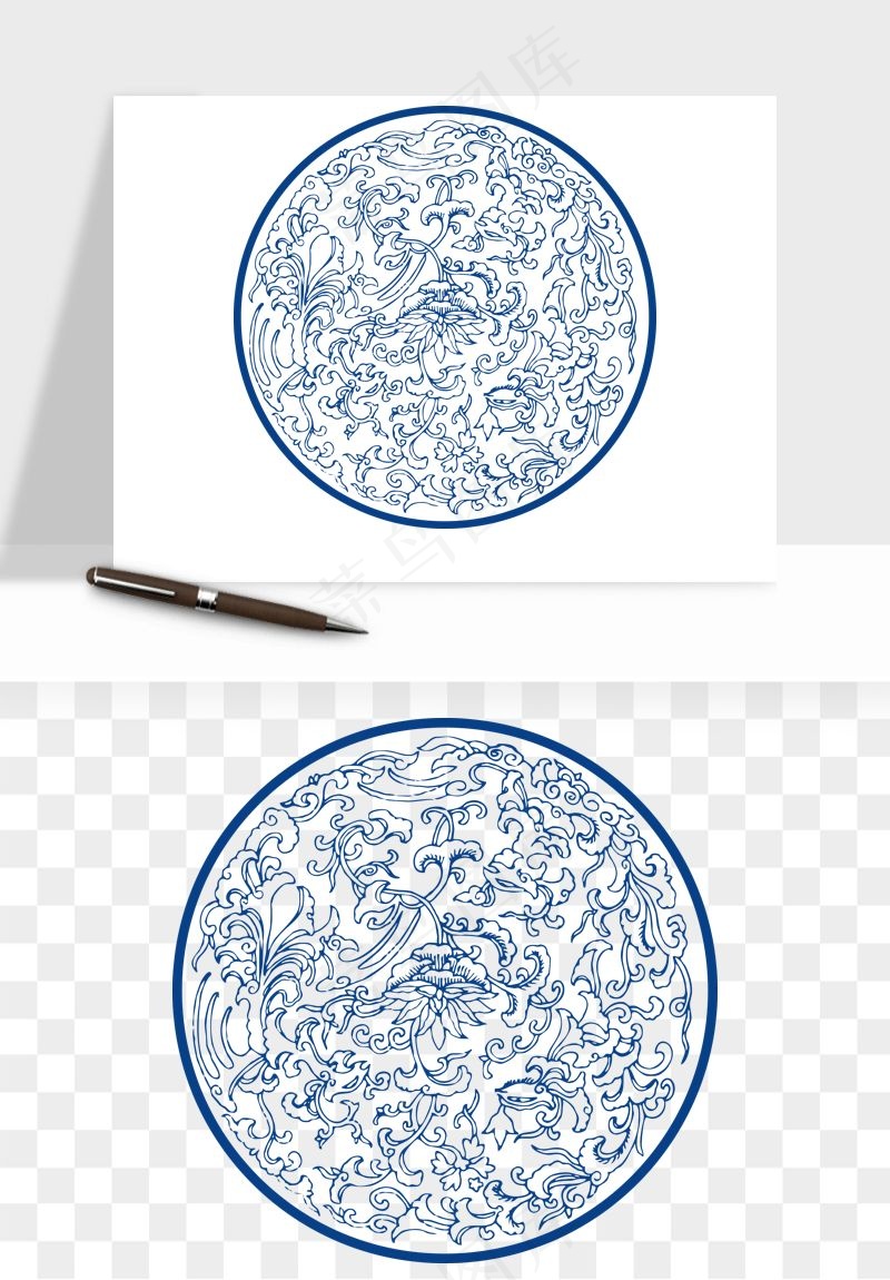 青花瓷花纹花卉图案png免抠