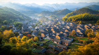 江南风景屋檐瓦舍雾村庄山林摄影图