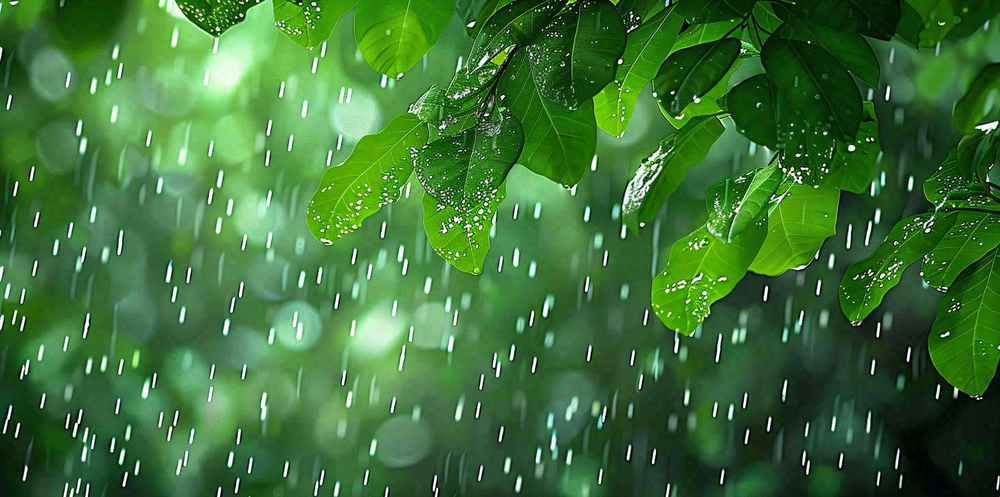 green leaves in the rain, a digital rendering by Mirko Rački, pixabay, conceptual art, green rain, rain falling, wet from rain 