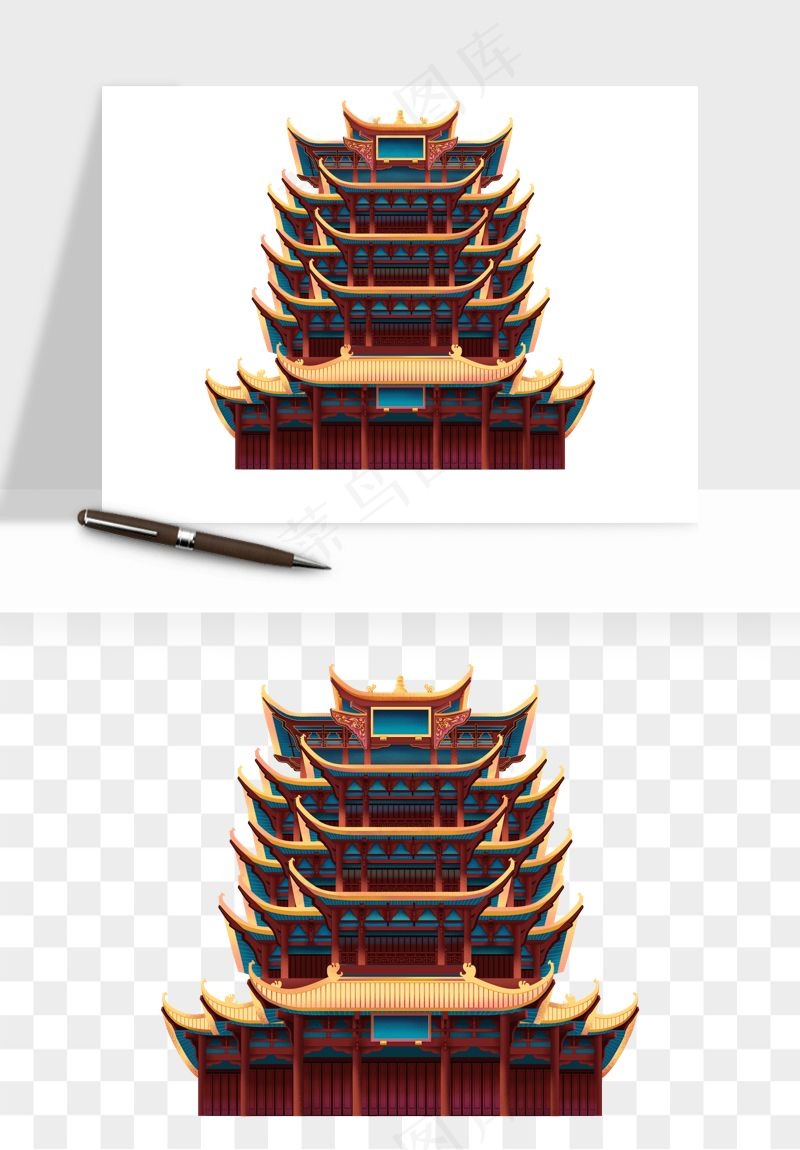 国潮风古建筑古楼古塔鼓楼psd,png免抠图