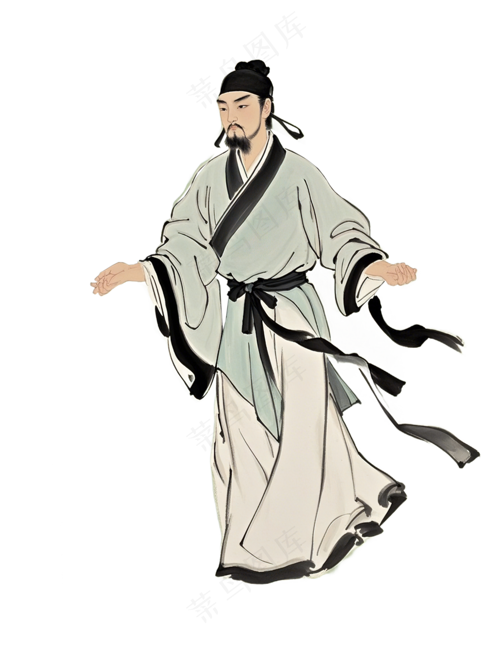 免抠中国风水墨画行走人物