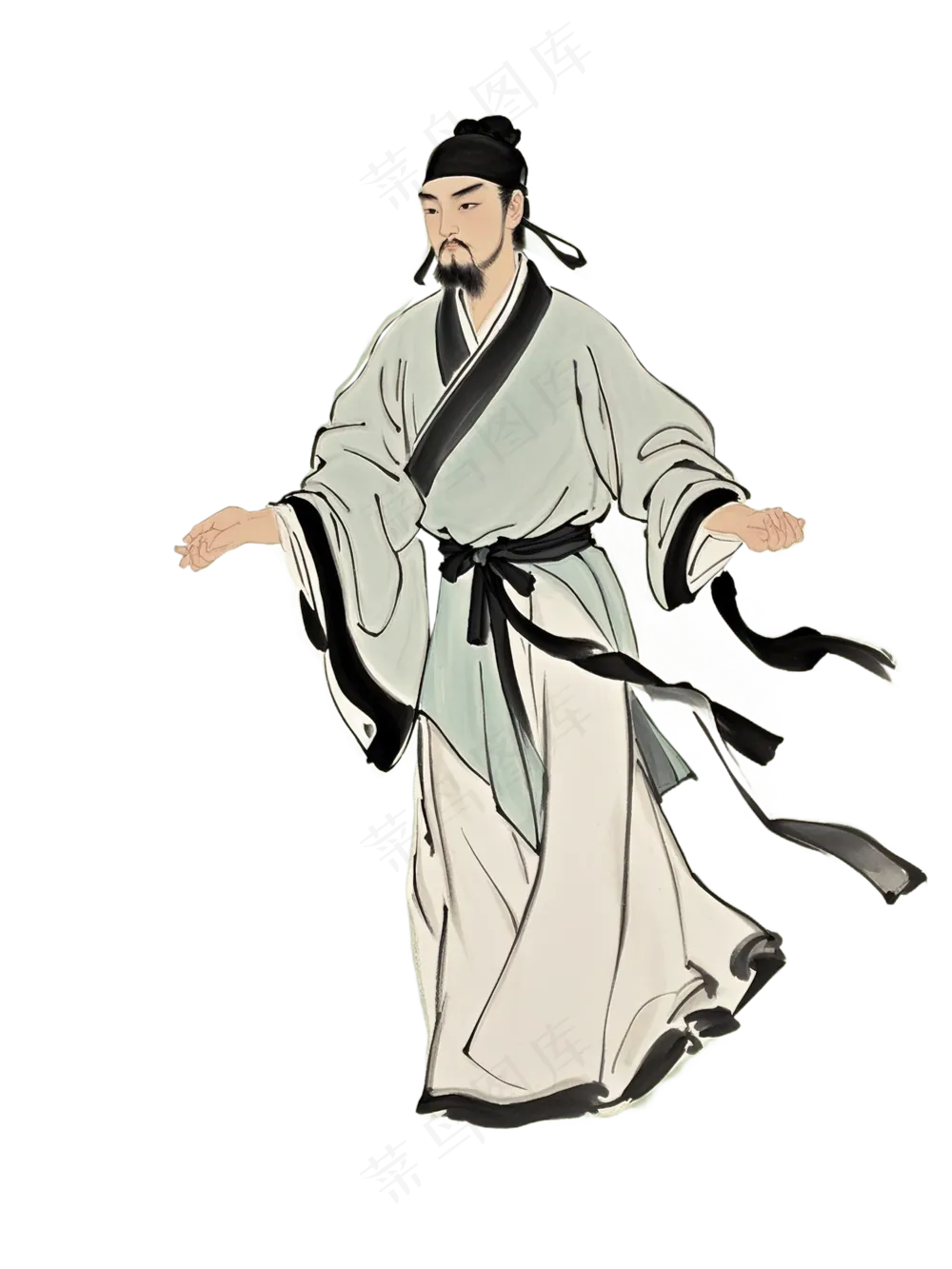 免抠中国风水墨画行走人物