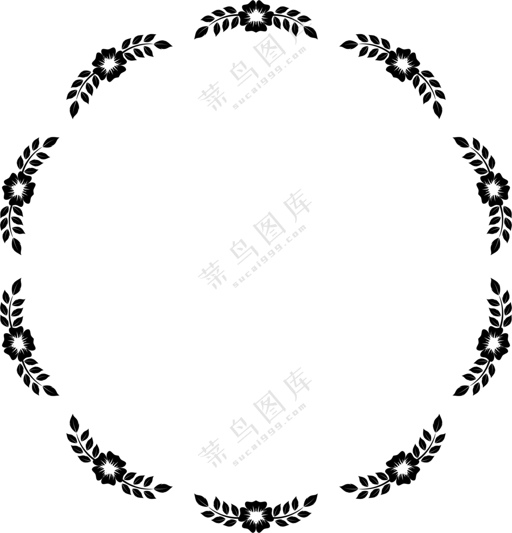 黑白藤蔓花朵装饰圆形边框免抠图片
