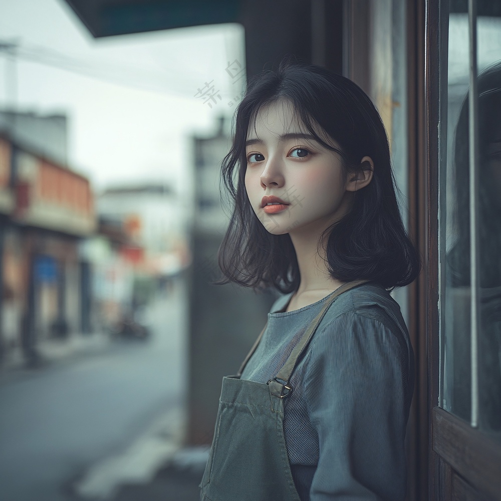 街头齐肩梨花烫美女写真图片