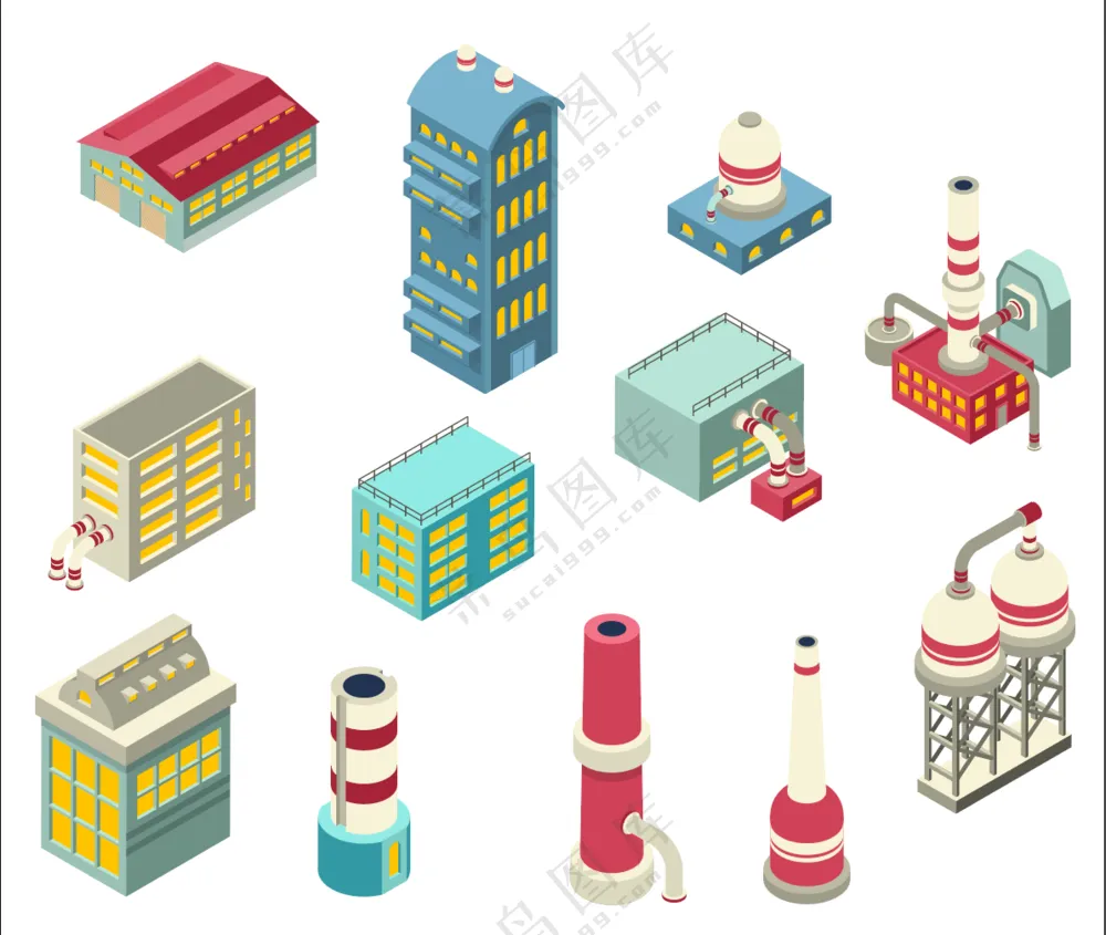 工厂 2.5D素材 红色 平面设计 俯视图