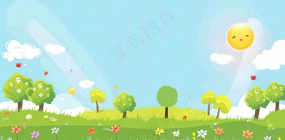 太阳白云草坪大树儿童节卡通插画背景