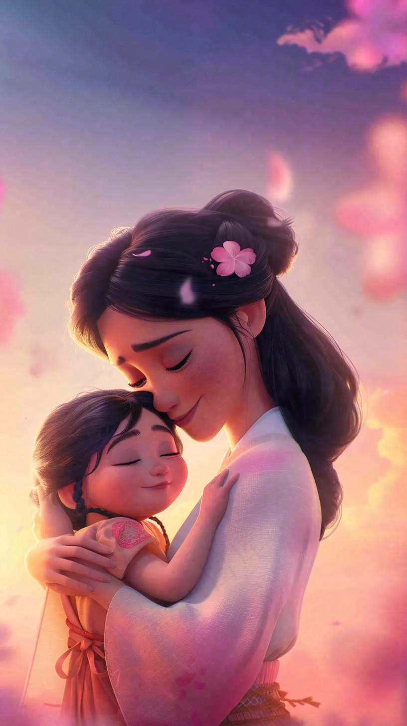 母亲节妈妈亲情抱着孩子鲜花光辉插画背景