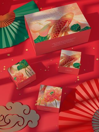 红色锦鲤中式传统中秋节月饼礼盒包装psd样机006