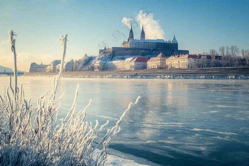 白霜覆盖河边对岸的城市城堡摄影图