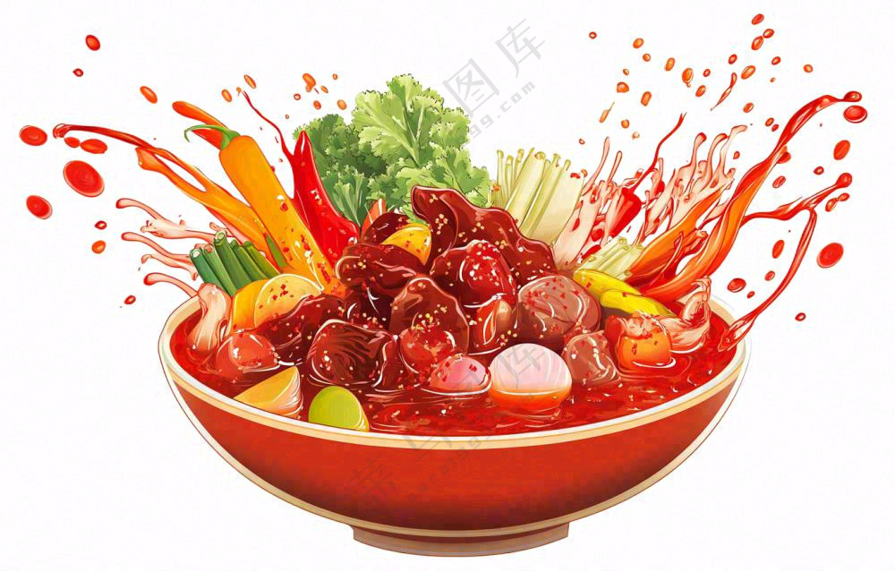 麻辣烫火锅海鲜肉类时蔬插画免抠