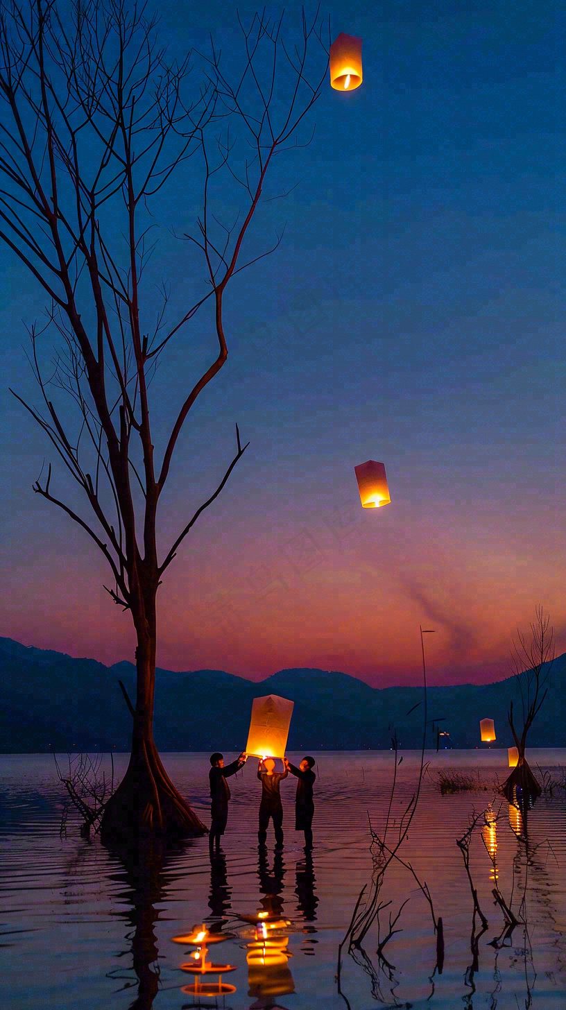 夜晚点灯孔明灯祈福中元节寒衣节插画背景