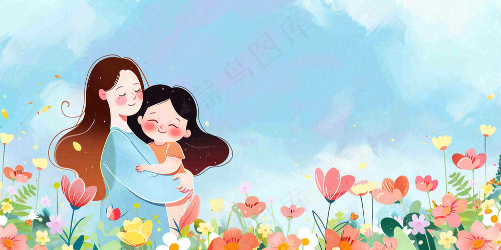 母亲节妈妈亲情抱着孩子鲜花光辉插画背景