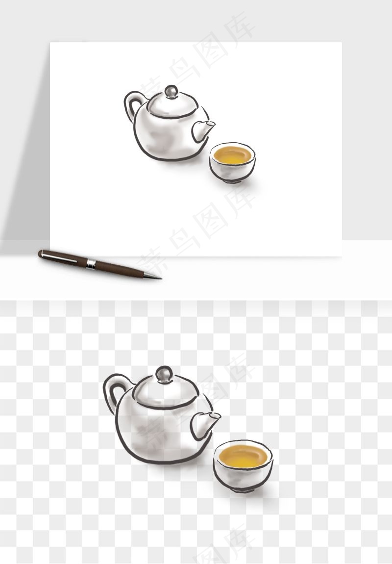 手绘茶壶茶具png免抠