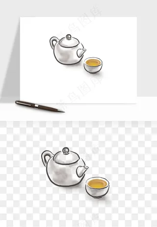 手绘茶壶茶具png免抠