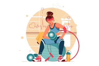 女生在健身房健身举铁 彩色扁平插画