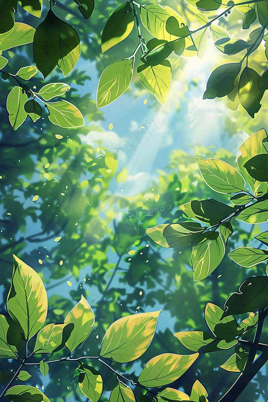 春夏绿荫下的蓝天阳光立夏夏至插画背景