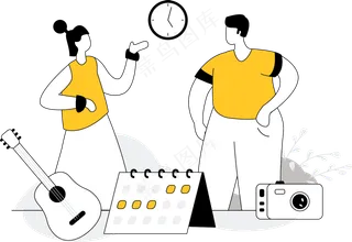 小情侣制定活动日程表方案 黄色扁平商务插画