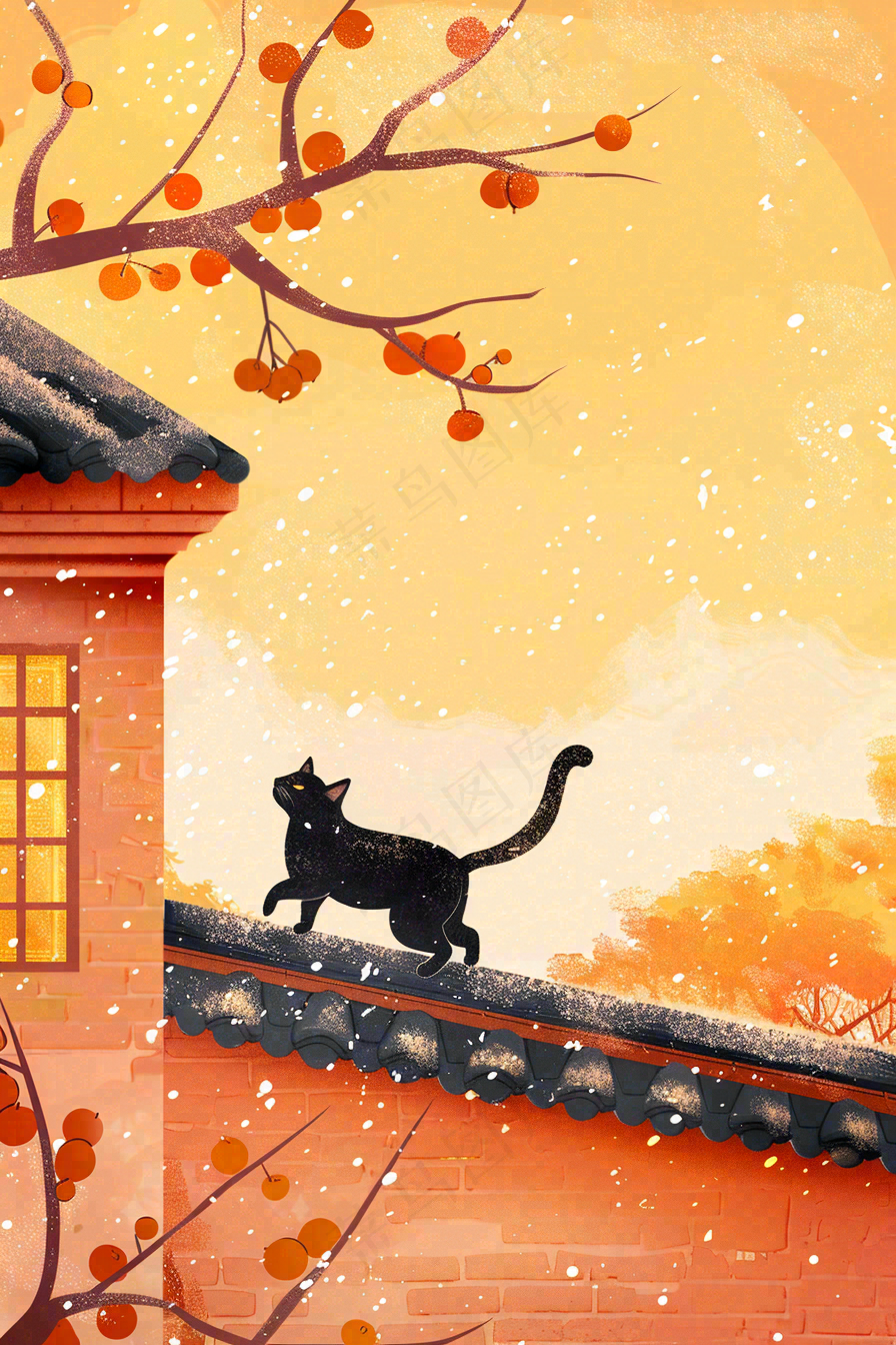屋檐上的猫咪屋墙萧瑟霜降插画背景