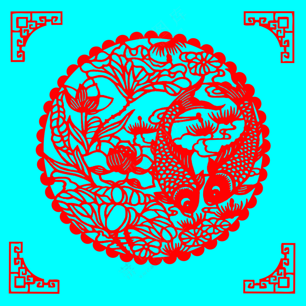 红色圆形莲年有余剪纸