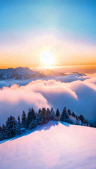 冬季夕阳晚霞雪山山林立冬小寒大寒小雪摄影图