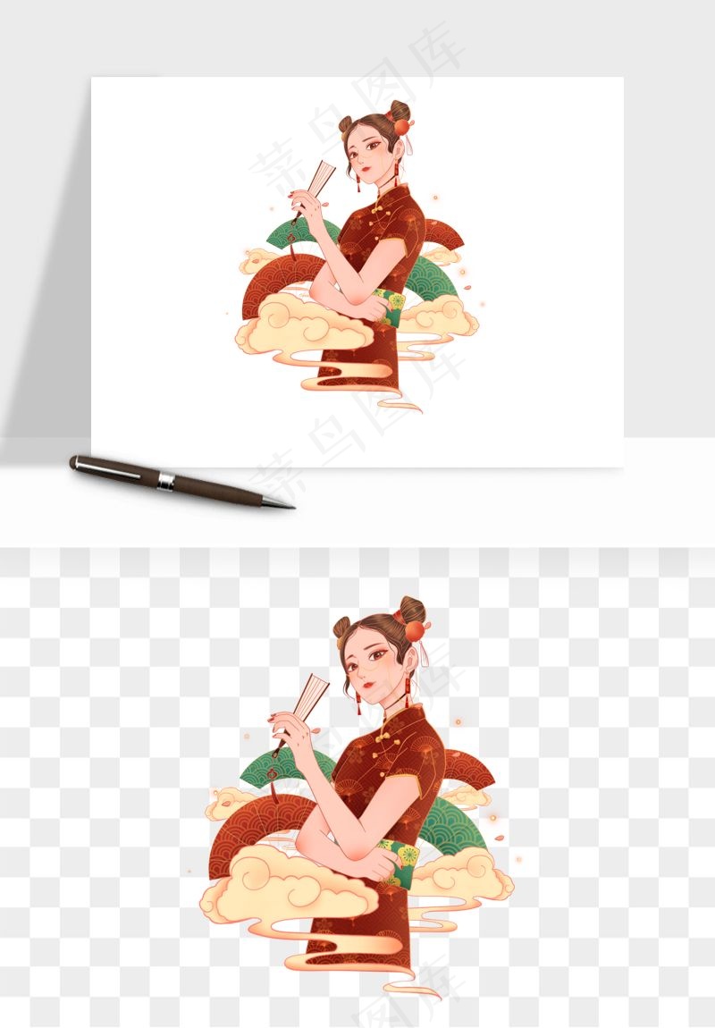 手绘国潮女性人物插画png免抠