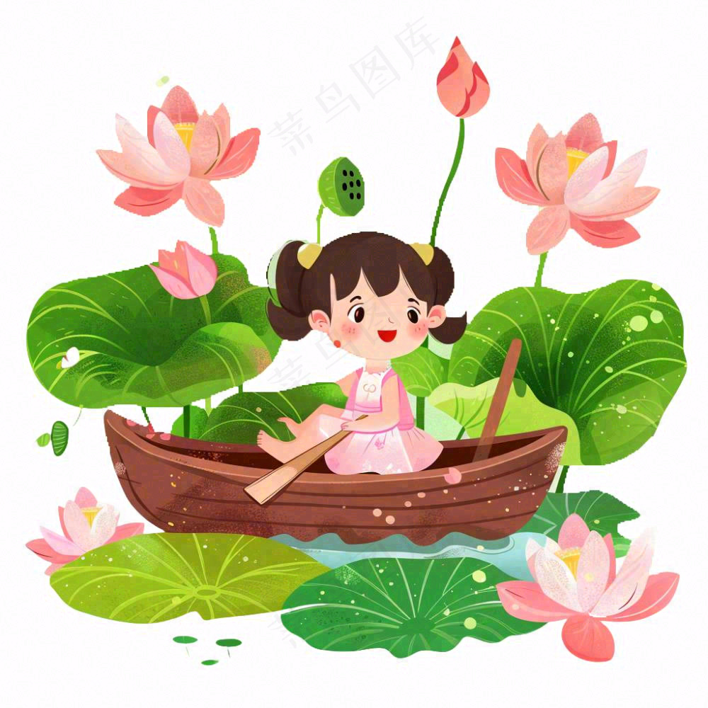 夏天池塘荷花荷叶划船的小女孩卡通插画免抠
