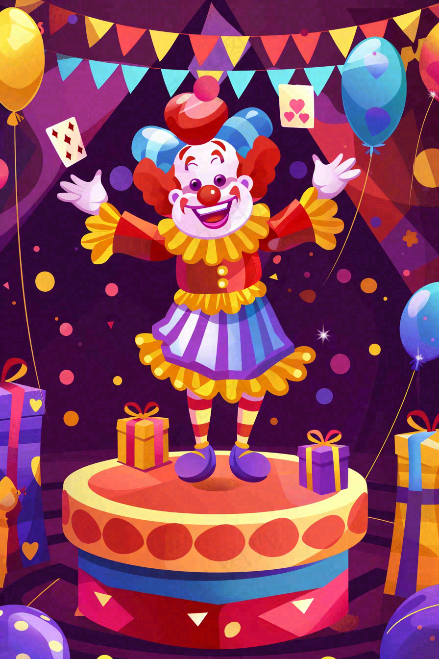 马戏团小丑表演开心紫色卡通搞怪愚人节插画背景