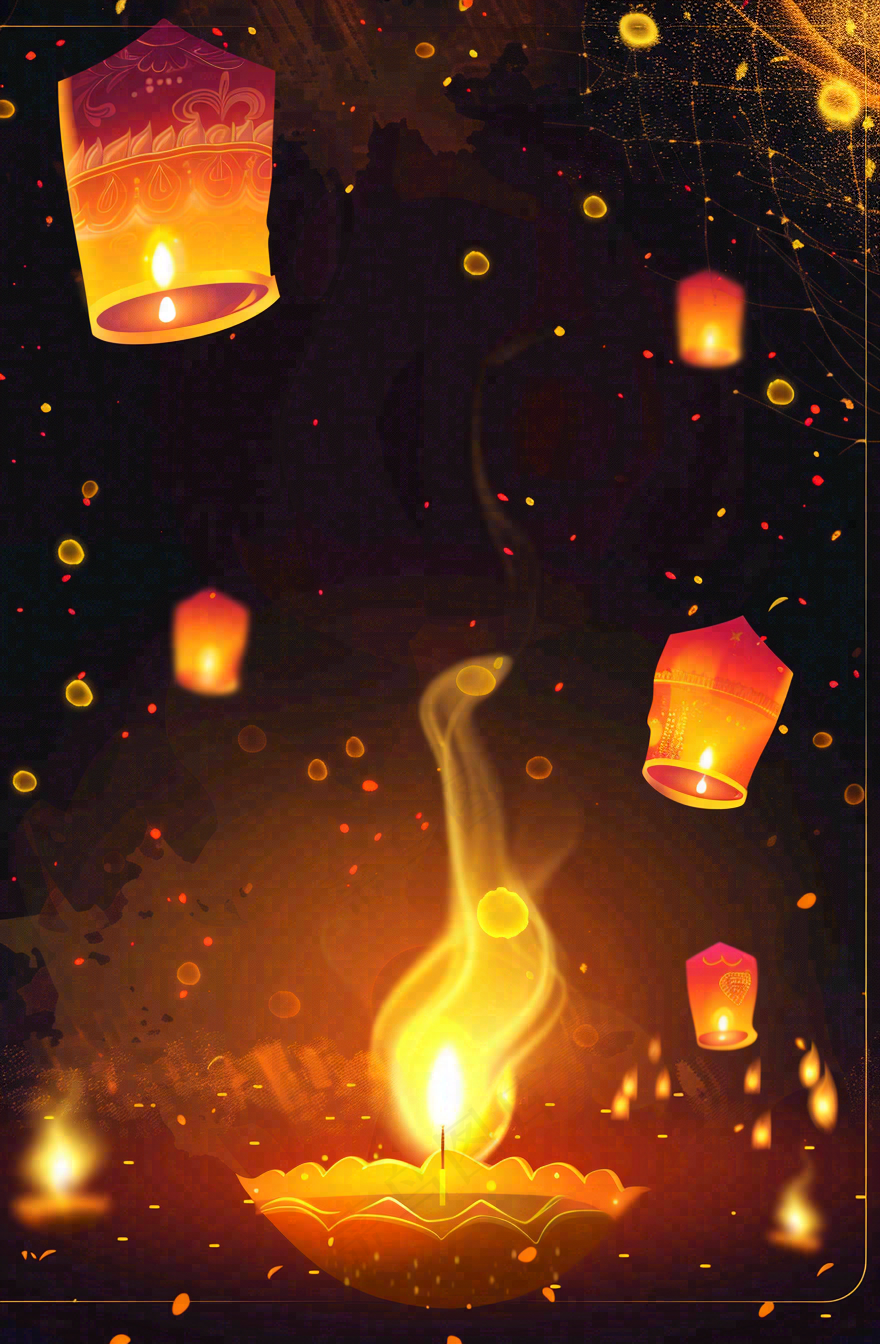夜晚点灯孔明灯祈福中元节寒衣节插画背景