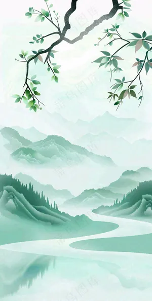 夏天青山绿水国风端午节处暑插画背景