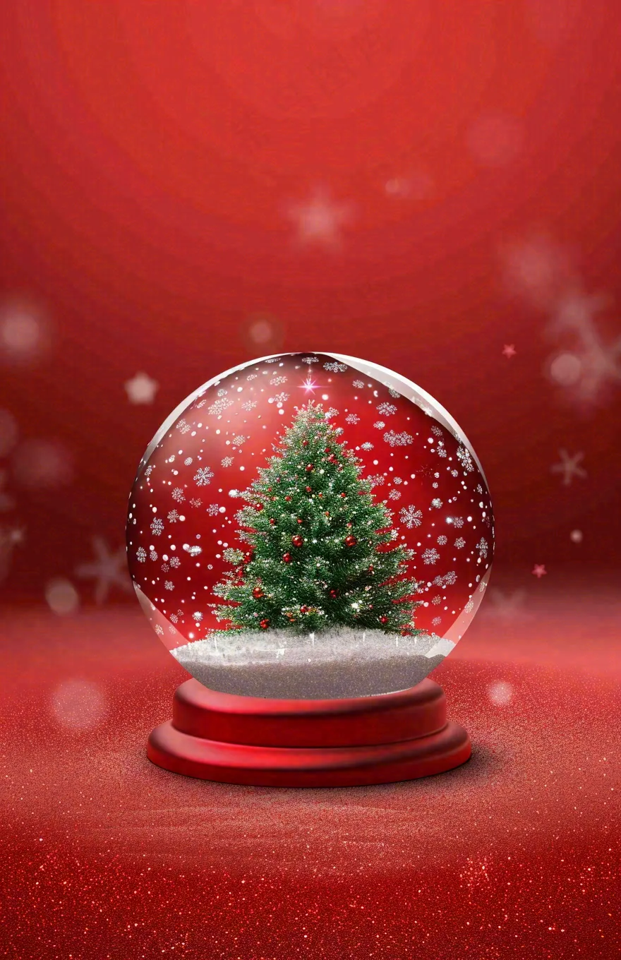 水晶球圣诞树雪花平安夜红色插画背景